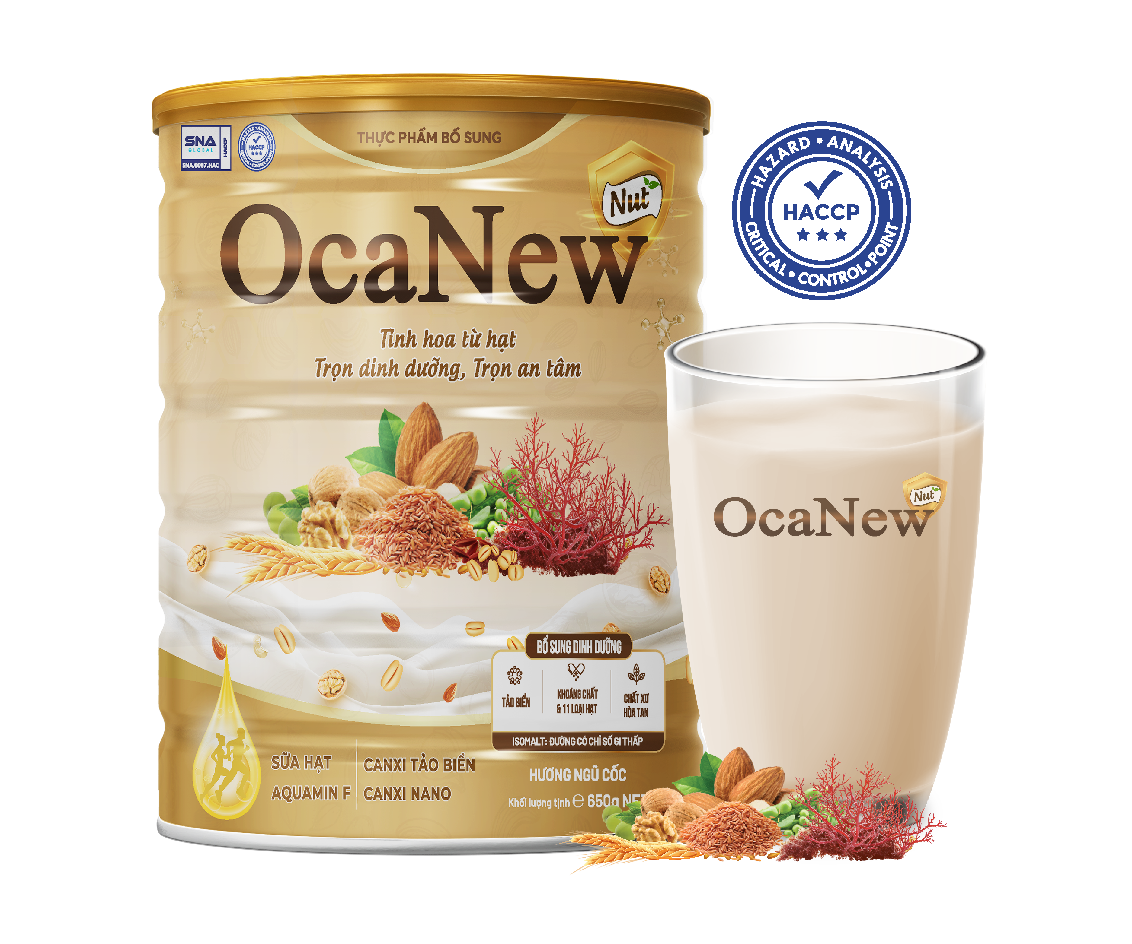 Lon Sữa Hạt OcaNew Nut cùng ly sữa sánh mịn